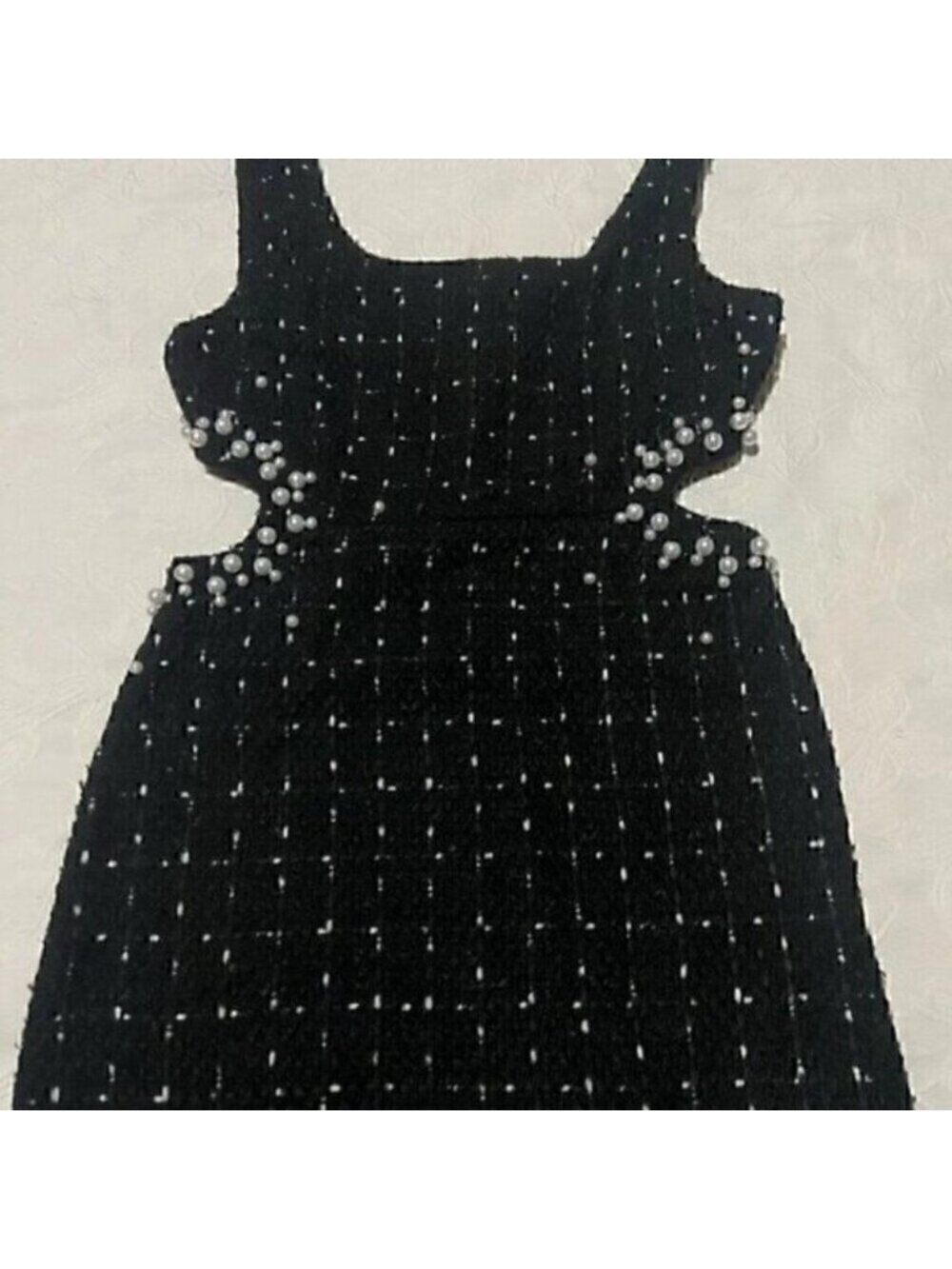 Black Texture Tweed Weave Cutout Mini Dress With Faux Pearls L - Picture 15 of 16